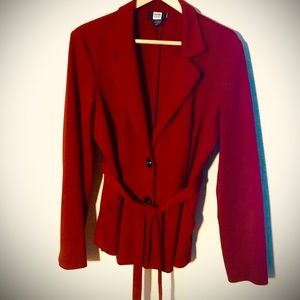 Red, belted, cardigan blazer